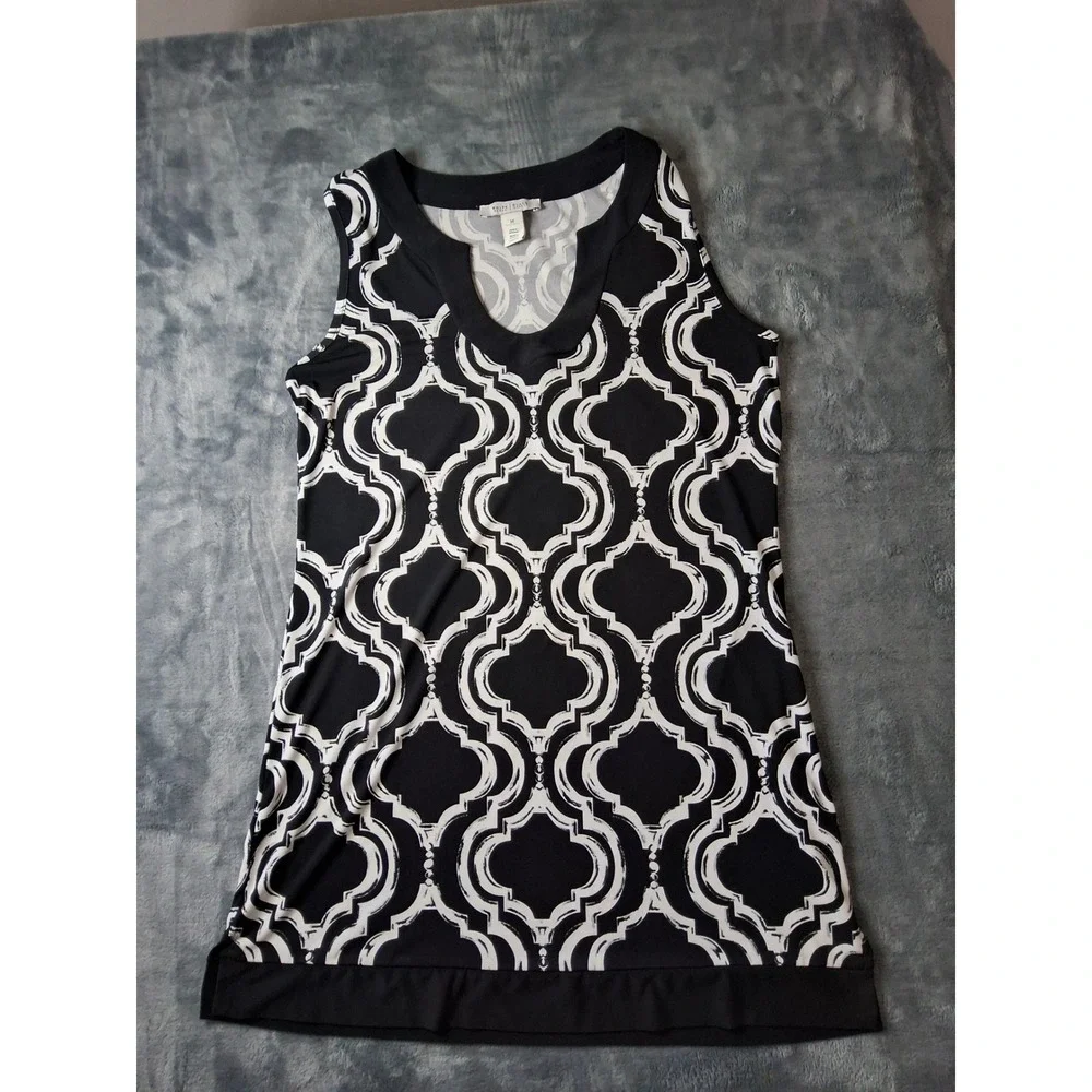 White House Black Market Black White Quatrefoil Split Neck Sleeveless Tunic M - Picture 1 of 7